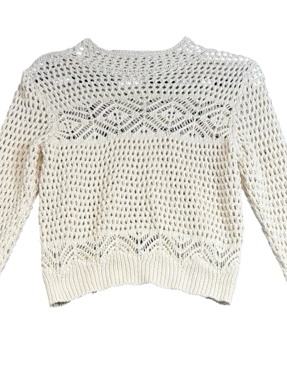 MNG Mango Crochet Knit Sweater Small Cream Open Knit Chevron Geometric Boho